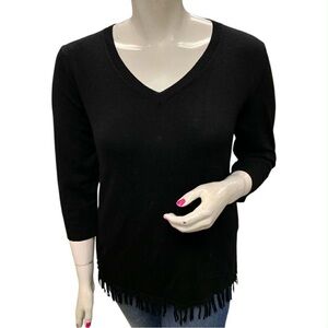 Joseph A Black V-Neck Sweater with Fringe Size XL
